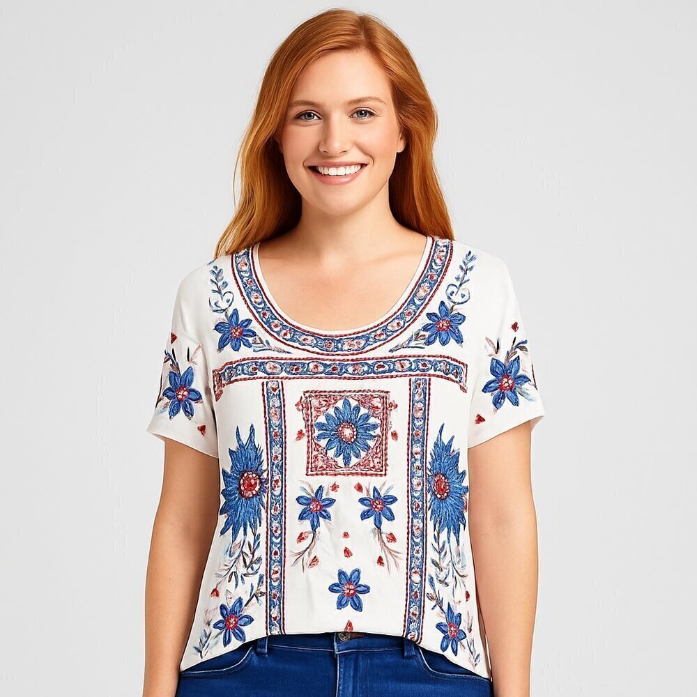 Peter Nygard Petite Large Blue Coral Floral Embroidered Top Blouse